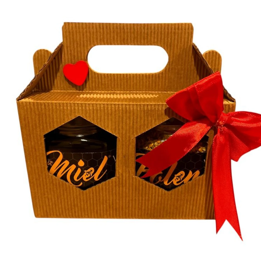Caja cartón con bote de miel y polen